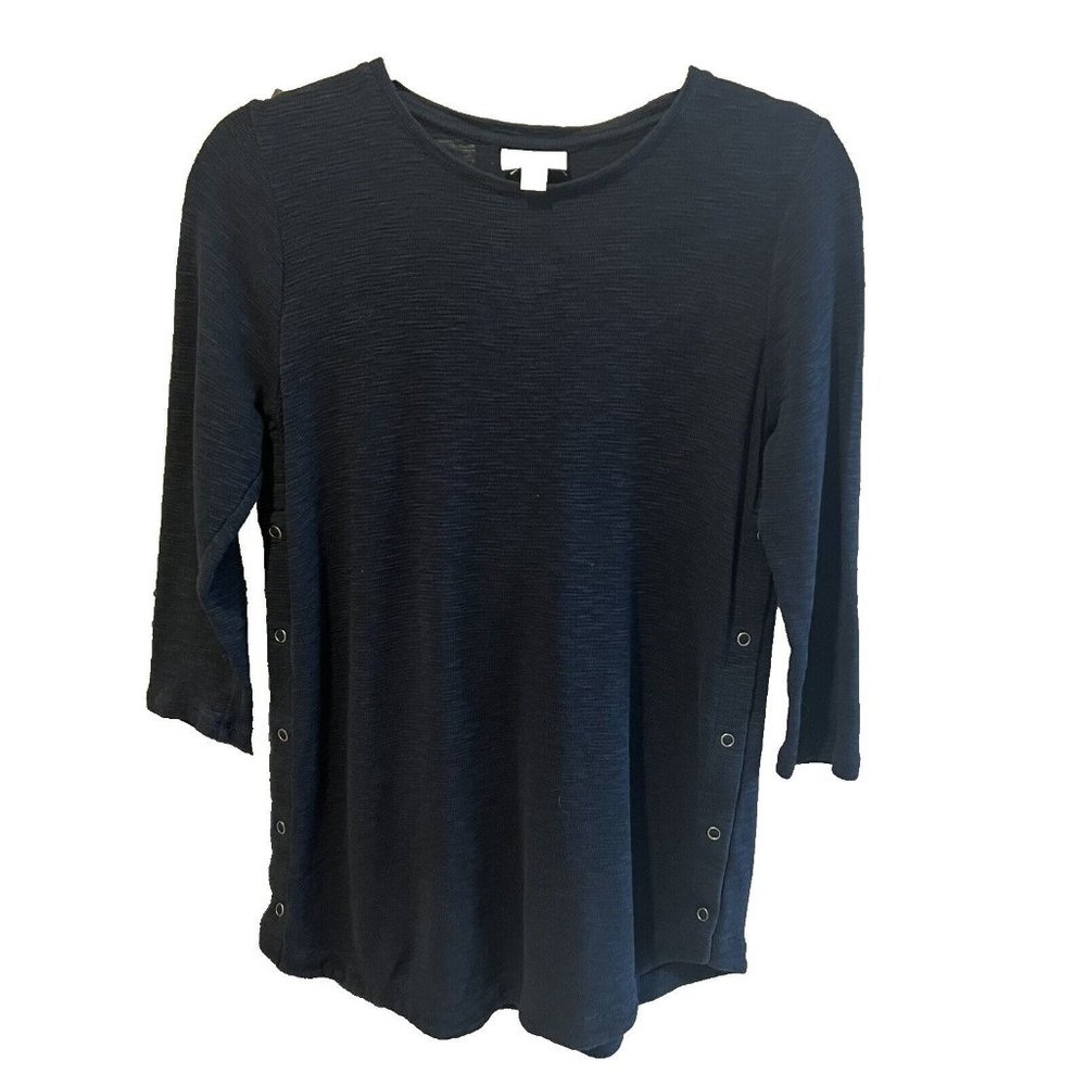 J Jill Sz Small Petite Navy Blue Cotton Side Buttons 3/4 Sleeve Basic Top Shirt